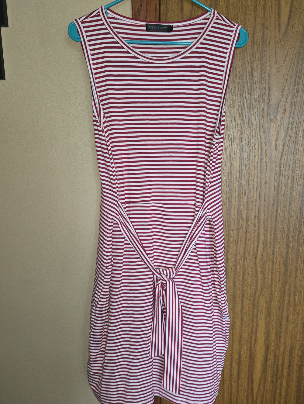 Merokeety Red & White Striped Midi Tie-Front Dress